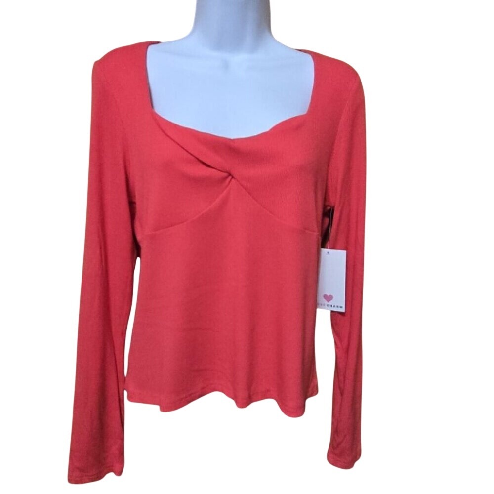 Love Charm NWT‎ Coral Twist Front Square Neck Long Sleeve Ribbed Top XL NEW